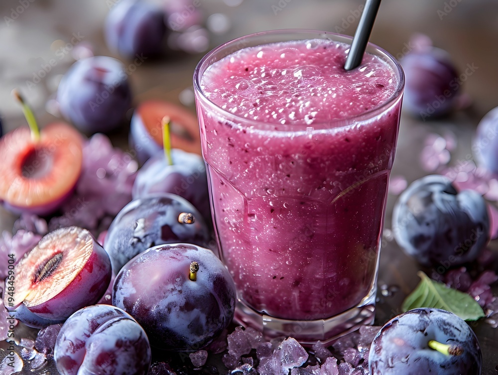 Sticker freshly blended plum smoothie garnished with whole plums on a wooden table during a sunny day