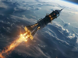 Fototapeta premium Rocket launching into the atmosphere with fiery exhaust amid swirling clouds and a view of Earth below at dusk