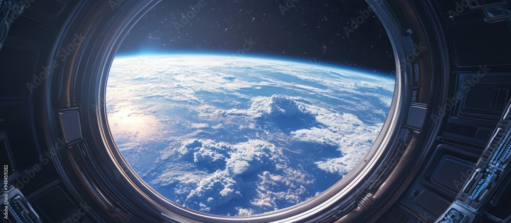 Aufkleber 3d cartoon depiction of a spaceship soaring close to a stunning blue planet capturing a window view 