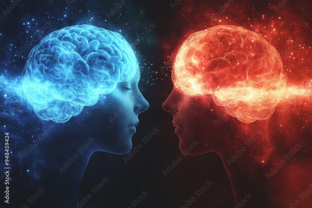 Poster futuristic digital illustration of a couple with glowing brains symbolizing the powerful intellectua