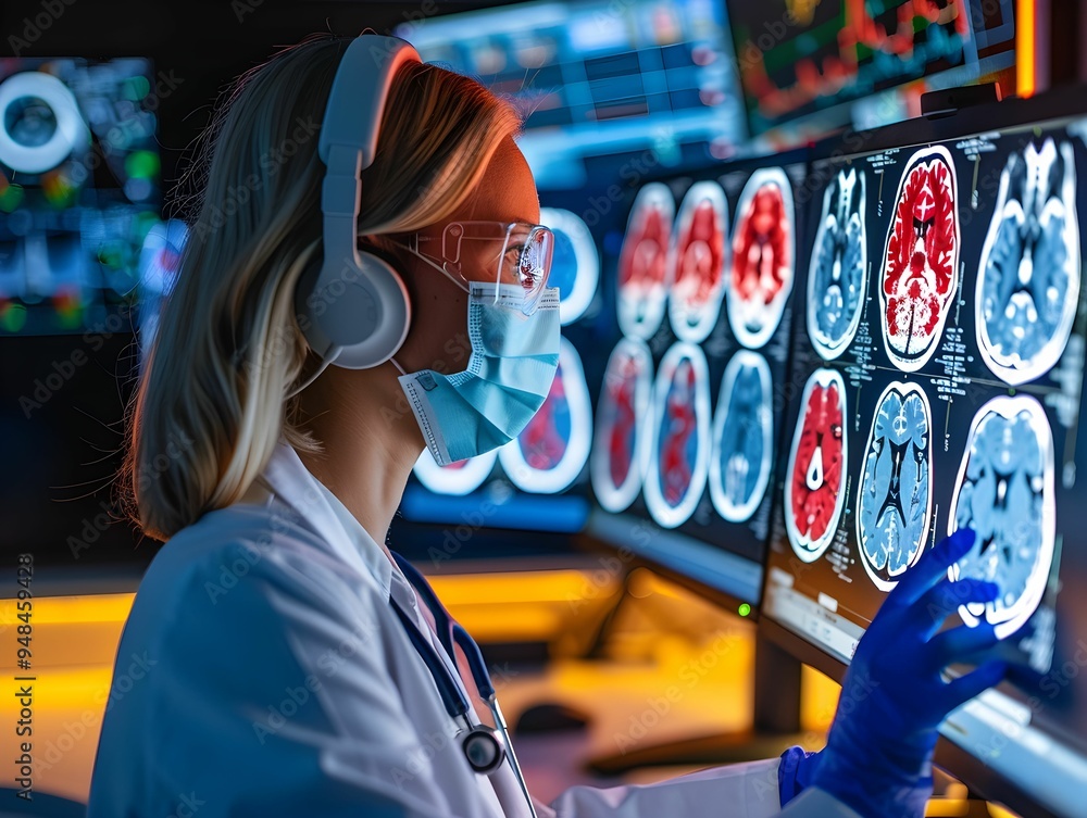 Poster medical professional analyzing brain scans in a high-tech lab setting during the evening