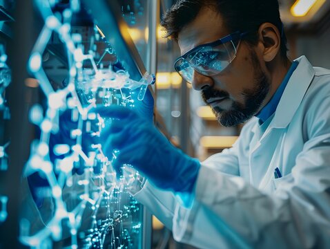 Scientist analyzing digital data visualizations in a high-tech laboratory during research in molecular biology