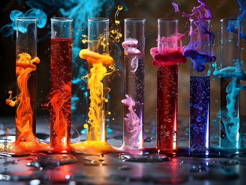 Aufkleber colorful liquid experiments in test tubes creating vibrant swirls at a laboratory setting during a s