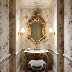 Elegant powder room with floral wallpaper and antique mirror8K
