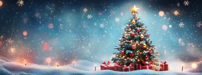 Obraz premium The festive background of a christmas tree decorated with red balls and knitted toys in a forest in snowdrifts in a snowfall outdoors is a snowy background. The banner format has copy space.
