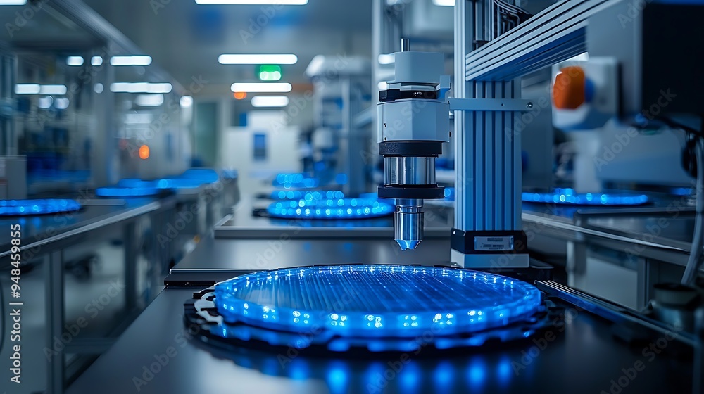 Poster automated manufacturing process highlighted by blue led lights and a robotic arm, illustrating advan