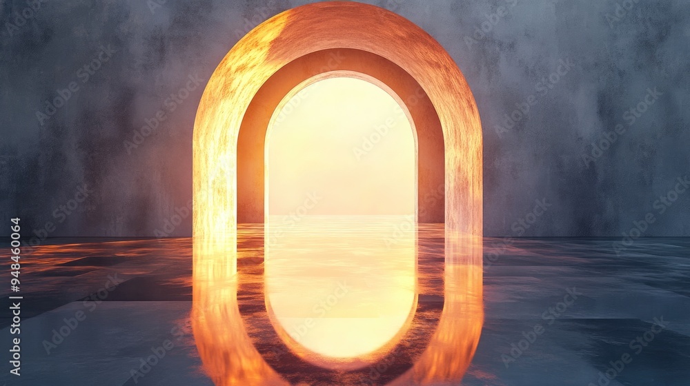 Poster illuminated portal on reflective pavement 3d rendering