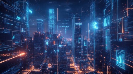 Naklejka premium A futuristic cityscape illuminated by neon lights and digital elements, showcasing advanced technology and modern architecture.