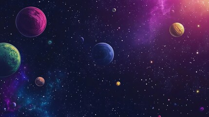 Colorful 2D illustration featuring a 3D cartoon rendering of a deep vast space with bright stars planets and moons Various imaginative science fiction backdrops depict alien solar systems and dist