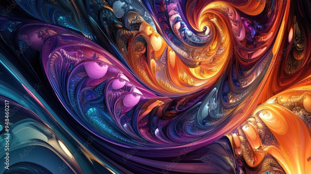 Poster vibrant and chaotic abstract fractal design showcasing colorful patterns and intricate 3d shapes per