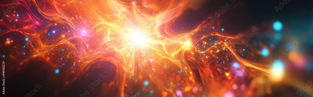 Poster 3D abstract multicolor supernova fractal light background in a cartoon rendering style