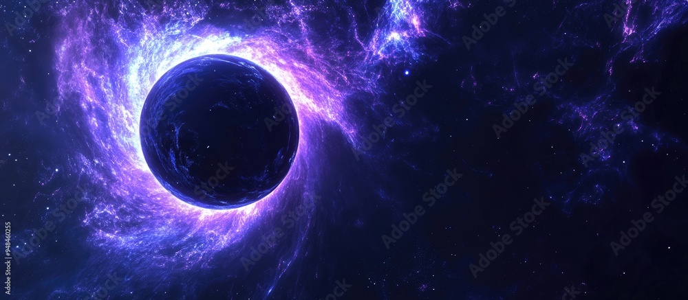 Poster Black hole slowly rotating in space depicted in 3D cartoon rendering showcasing the event horizon
