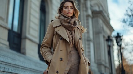 winter fashion inspiration, a stylish woman embodies sophistication in her classic trench coat, cashmere scarf, tailored trousers, and leather ankle boots, showcasing winter elegance