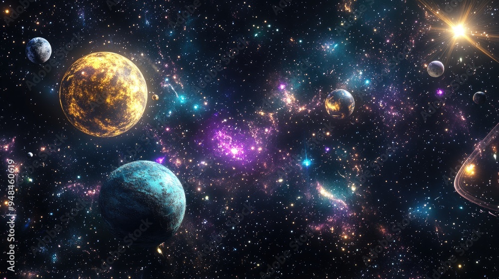 Poster 2D illustration featuring a 3D cartoon rendering A realistic star pattern set in deep interstellar space showcasing stars planets and moons Various imaginative science fiction backdrops are depict