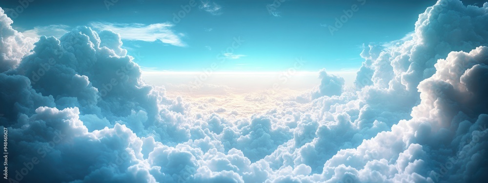 Poster Cloudy skies and horizon in a 3D cartoon rendering exploring infinite space and the atmosphere