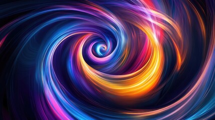 Abstract colorful lines of silk swirling in spirals, set against a dynamic futuristic background, creating a vibrant and mesmerizing visual effect