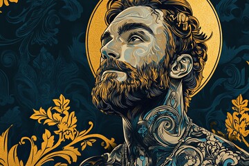 A bearded man with a tattoo looks up at a golden halo against a dark blue and gold background.