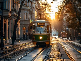 Obraz premium Tram traveling through city streets at sunset with warm light illuminating historic buildings in the evening glow