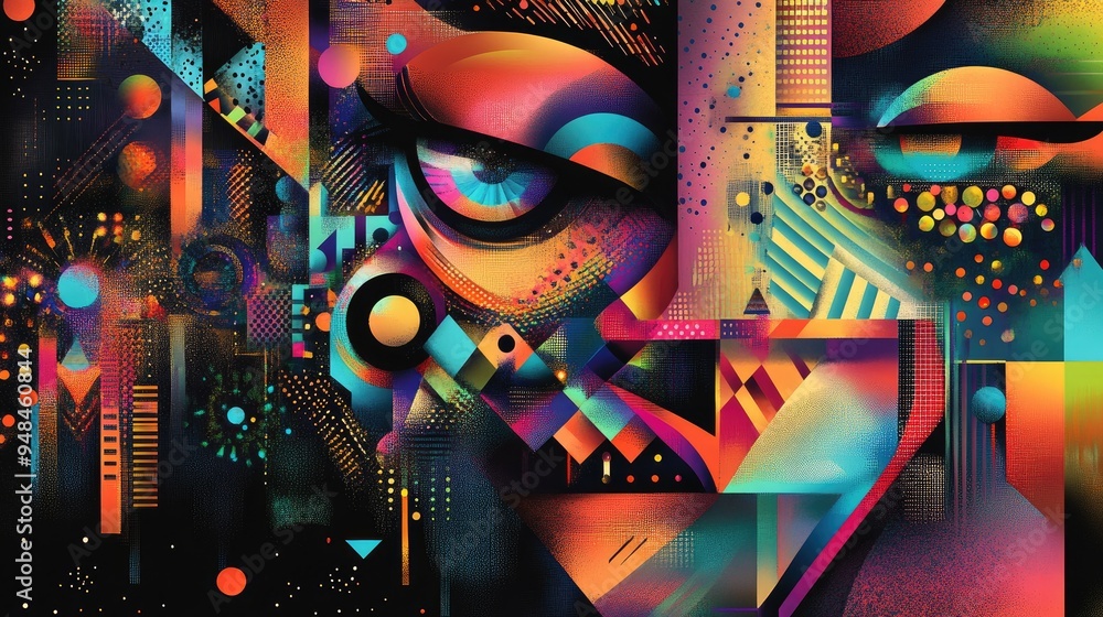 Poster vibrant abstract image featuring colorful graphics and tapestry elements