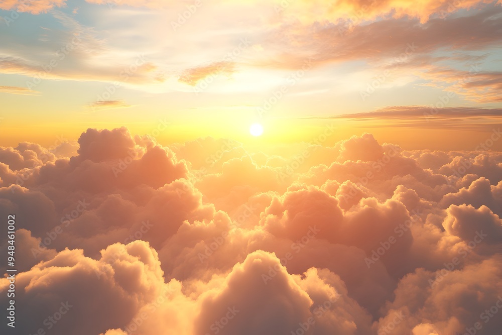 Poster majestic and ethereal sunset clouds bathed in warm glow of golden hour in rendering dramatic and ser