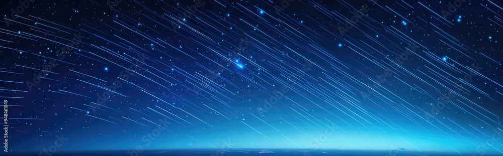 Poster night sky with a dark blue backdrop features a 3d cartoon rendering of star trails meteors flying ac