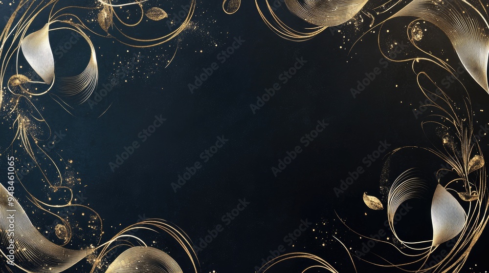Aufkleber minimalistic design featuring a gold and white vignettes frame elegant curly curls on a dark backgro