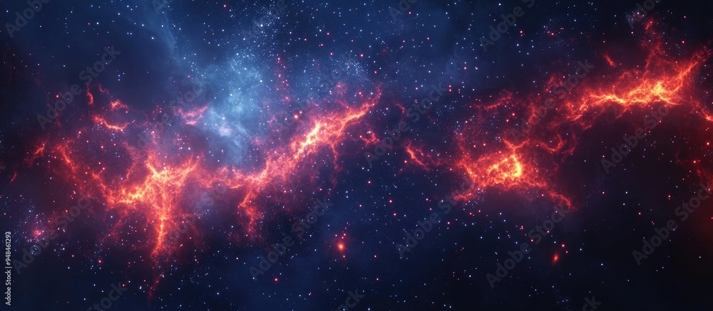 Poster Dark blue nebula with stars and fiery red explosions in outer space depicted in a 3D cartoon rendering Abstract fractal art background