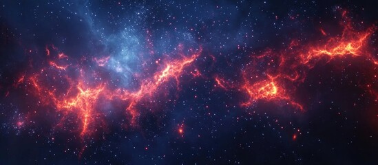 Fototapeta premium Dark blue nebula with stars and fiery red explosions in outer space depicted in a 3D cartoon rendering Abstract fractal art background