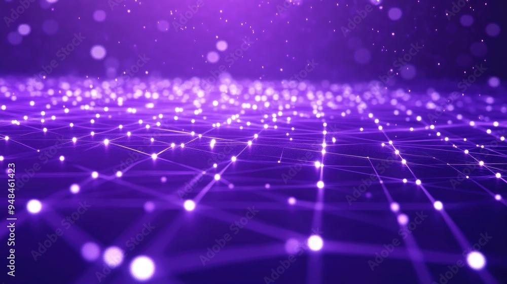 Poster glowing white points with light trails flow across a grid set against a purple background representi