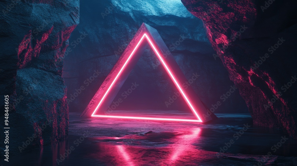 Poster futuristic neon lit scene featuring a triangular metal structure in a dark underground space designe