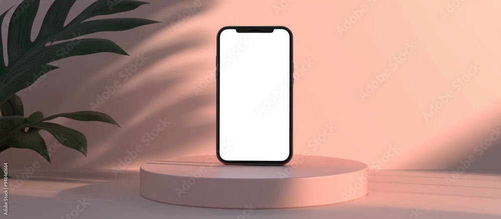 Poster Mobile phone featuring a blank display on a podium Modern smartphone mockup template 3D rendering