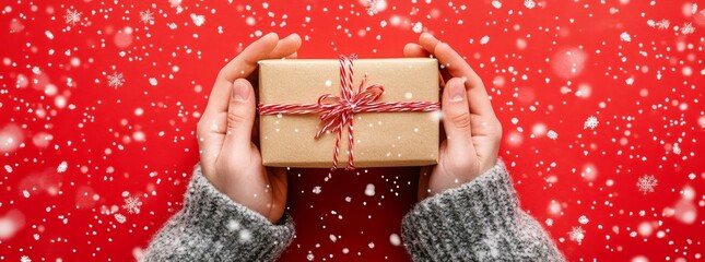 On a red background with snow, a female's hands hold a Christmas gift box decorated with an evergreen branch.