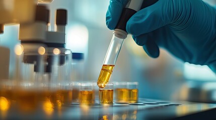 Scientistaes hands in gloves, using a pipette to transfer liquid samples into small vials. The focus is on the precision and careful handling of scientific experiments.