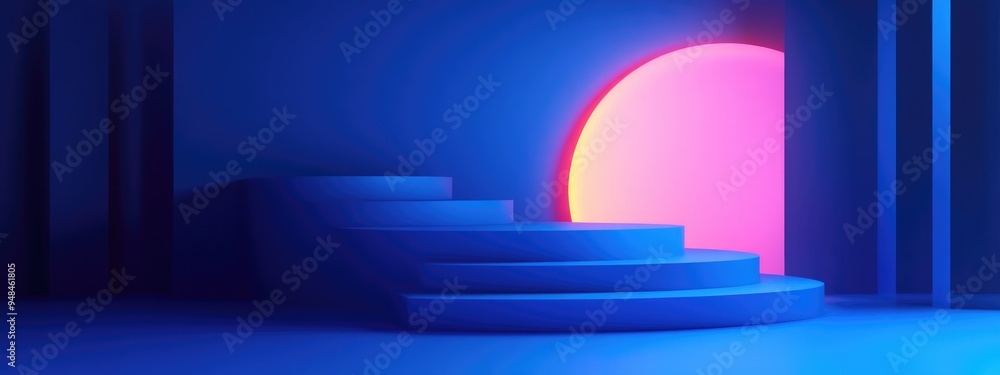 Poster creative success concept on a podium with geometric stage shapes against a blue backdrop minimalisti