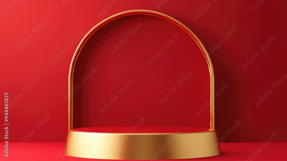 Poster gold podium on a red backdrop for showcasing or presentation concepts rendered in 3d
