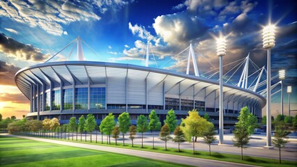 Fototapeta premium Massive modern sports stadium with sleek architecture and towering light poles stands proudly against a bright blue sky with bursts of white puffy clouds.