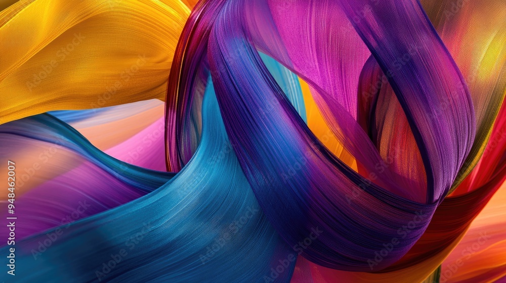 Poster abstract swirling silk strings in bright colors, set against a dynamic futuristic backdrop, creating