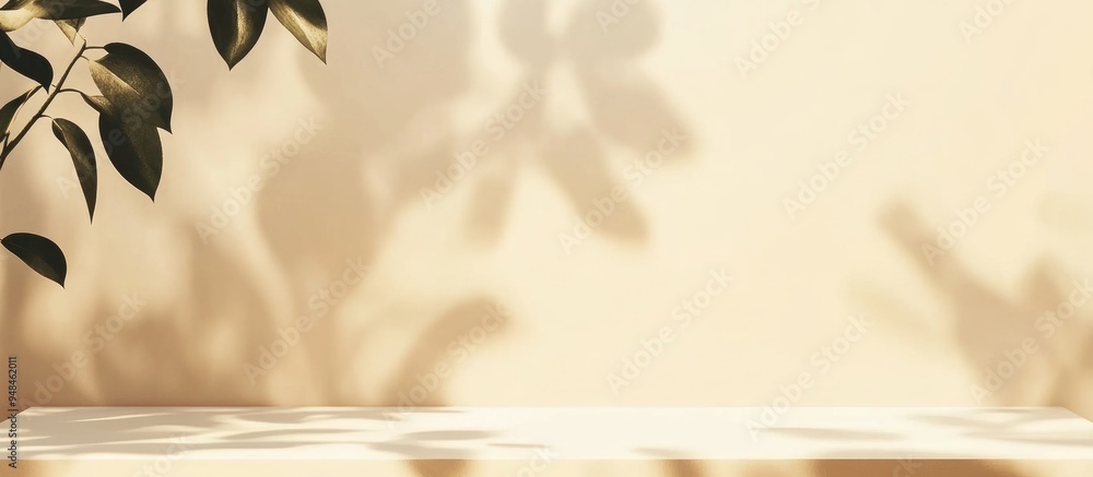 Aufkleber minimalist background featuring leaf shadows on a cream beige wall for product advertising exhibitio