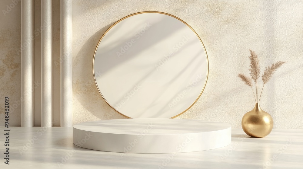 Poster white and gold geometric pedestal podium with a minimal circular backdrop and pillar abstract studio