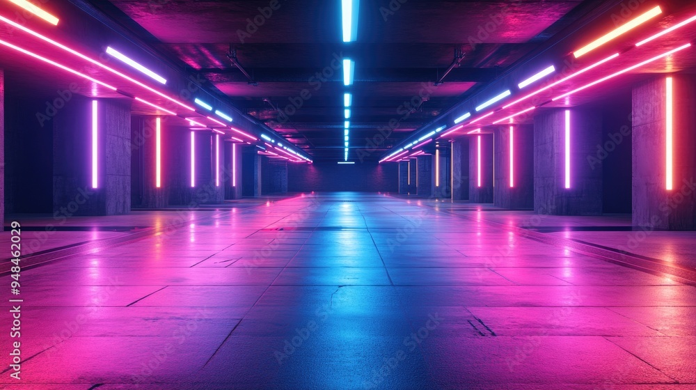 Poster futuristic grunge style car garage corridor featuring empty dark space with neon lights creating an 