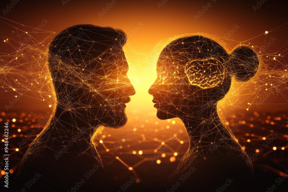 Poster romantic digital portrait of a couple with neural patterns symbolizing the deep intellectual and emo