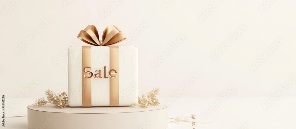 Poster Minimalist product display for holiday promotion Gift box with Sale lettering and ribbon bow on a podium against a white backdrop 3D render illustration with clipping path for each element include