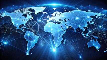 Global network of interconnected digital lines and nodes forming a futuristic world map, highlighting technological advancements and data exchange across the globe.