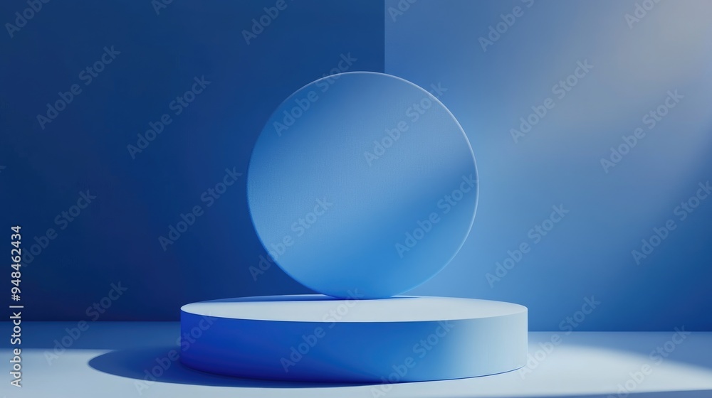 Poster abstract 3d geometric shape on a vibrant blue stage podium in a minimal studio setting illustration 