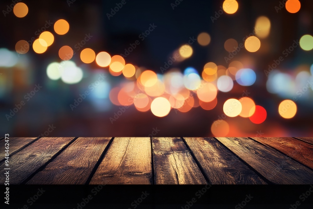Poster an empty wooden table oriented to the tabletop, with a blurred bokeh background, perfect for product