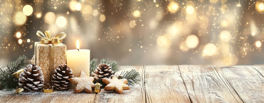 Xmas background - First Advent Sunday - Red Advent candle with natural Xmas decorations, branches, and pinecones on rustic wood