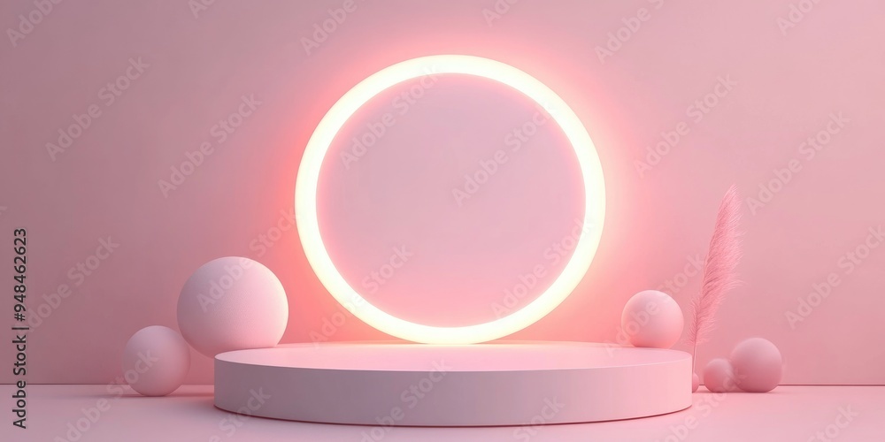 Poster Podium on a soft pastel background featuring a luminous glowing circle Elegant backdrop suitable for showcasing goods products or skincare Contemporary graphic design illustration in 3D render styl