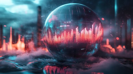 A futuristic orb encapsulating a vibrant cityscape, blending technology and nature in a surreal landscape.