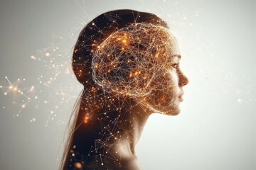 Futuristic digital portrait of a woman with glowing neural patterns symbolizing the intellectual connection and mental clarity in a high tech setting