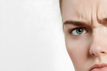 Closeup 3D rendering portrait of a woman with a wrinkled nose frowning mouth and a disgusted antagonistic facial expression against a plain white background  This image evokes feelings of anger